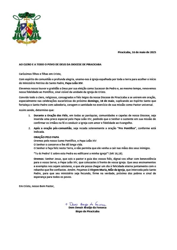 Bispo de Piracicaba convida fiéis da Diocese a rezarem pelo Pontificado de Leão XIV