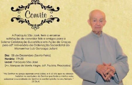 Missa solene marcará os 65 anos de sacerdócio de Mons. Juliani