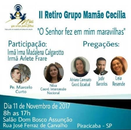 Grupo "Mães que oram pelos filhos" realizará retiro