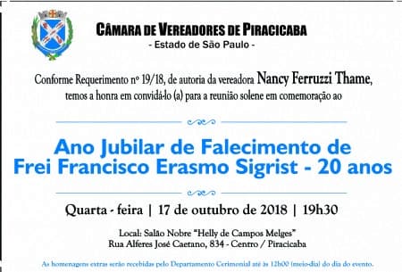 Os 20 anos de falecimento de Frei Sigrist serão lembrados pela Câmara de Piracicaba