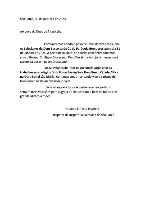 Comunicado dos Salesianos de Dom Bosco sobre a Paróquia Senhor Bom Jesus do Monte, em Piracicaba